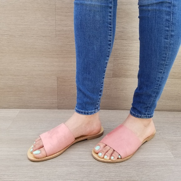 Suede Slip on Slider Pink Flat Sandals-C - Picture 4 of 8